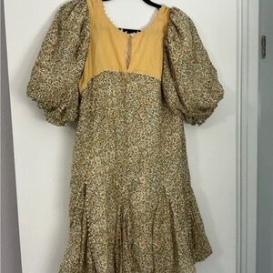 Floral Puff Sleeve Dress in Yellow and Green